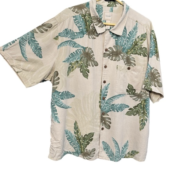 Saddlebred XL Silk Hawaiian Shirt Beige Green Palm Leaf Aloha Camp - Picture 2 of 5